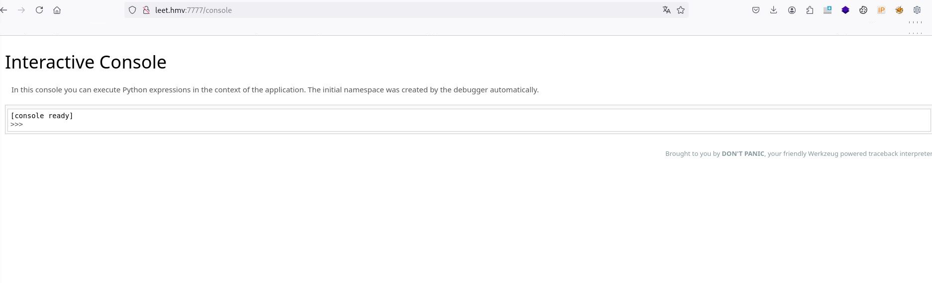 Die Frontansicht der freigeschalteten Werkzeug Debugger Konsole, bereit zur Eingabe von Python Code.